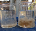 Floculación en tratamiento de aguas industriales, comparación de agua con partículas suspendidas y formación de flóculo