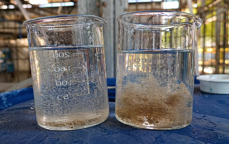 Floculación en tratamiento de aguas industriales, comparación de agua con partículas suspendidas y formación de flóculo